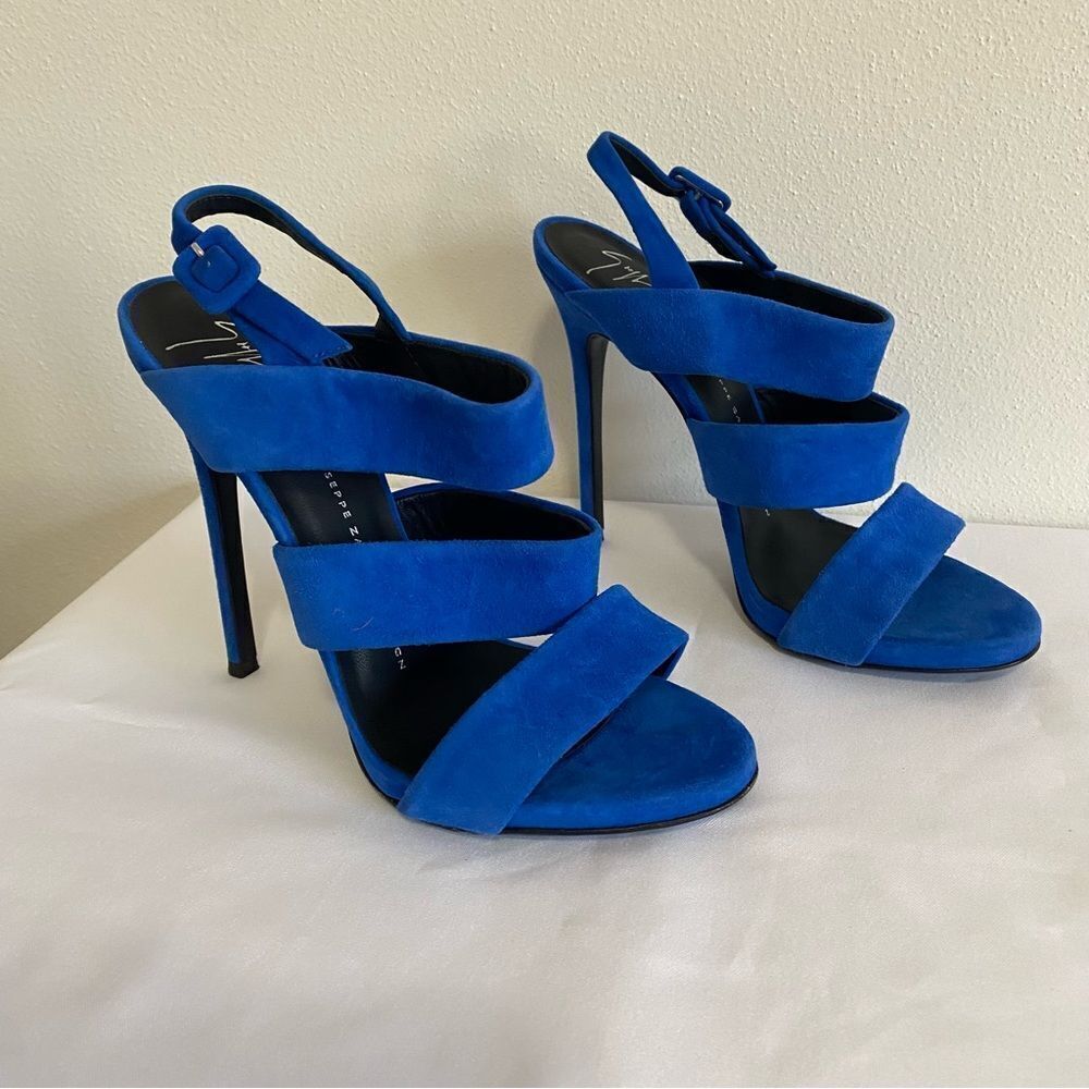 GIUSEPPE ZANOTTI Blue Suede Strappy Slingback Heels - Picture 4 of 10